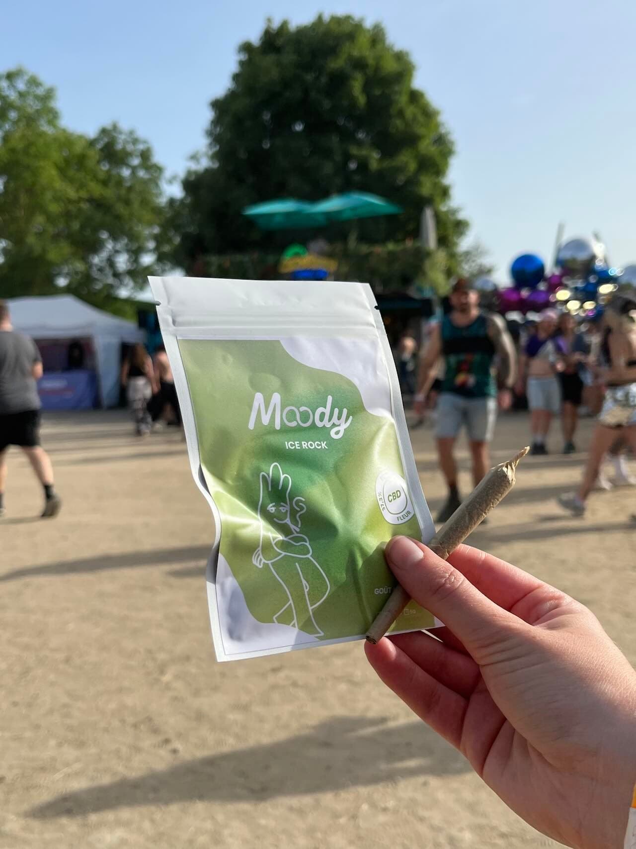 Stand Moody Shop à Marvellous Island 2026, plage de Torcy : roue de la fortune et présentation gamme CBD-CBG