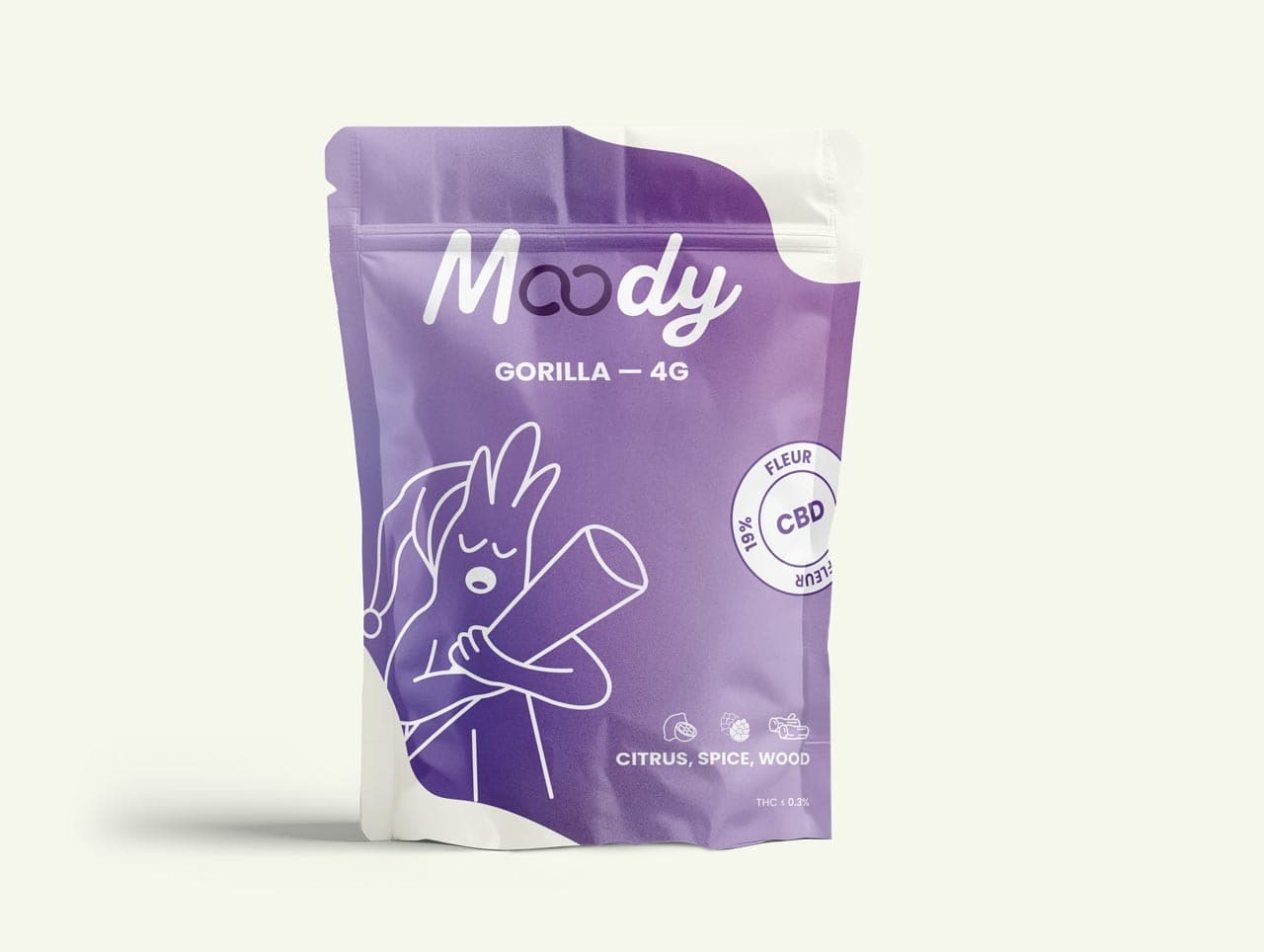 Packaging Fleur CBD Gorilla — 4g Moody Shop — fleur CBD indica pour rituel du soir avant de dormir