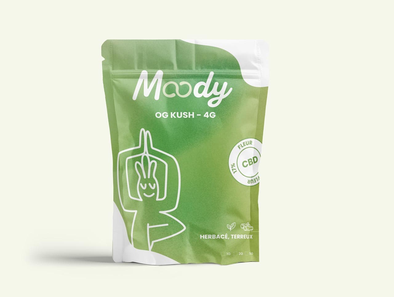 Packaging Fleur CBD OG Kush — 4g Moody Shop — fleur CBD indica pour pause cocooning en milieu de journée