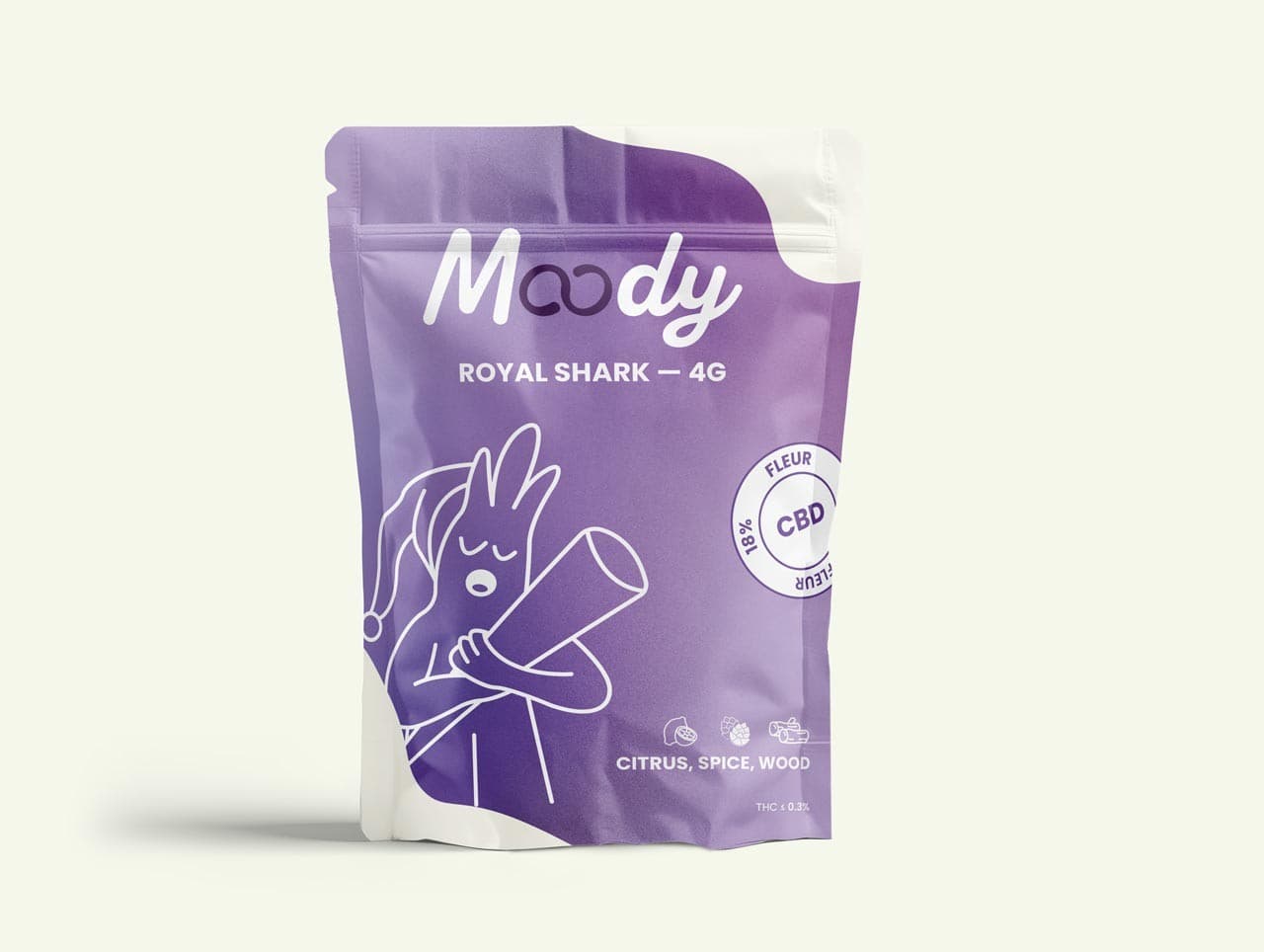 Packaging Fleur CBD Royal Shark — 4g Moody Shop — fleur CBD indica pour rituel du soir avant de dormir