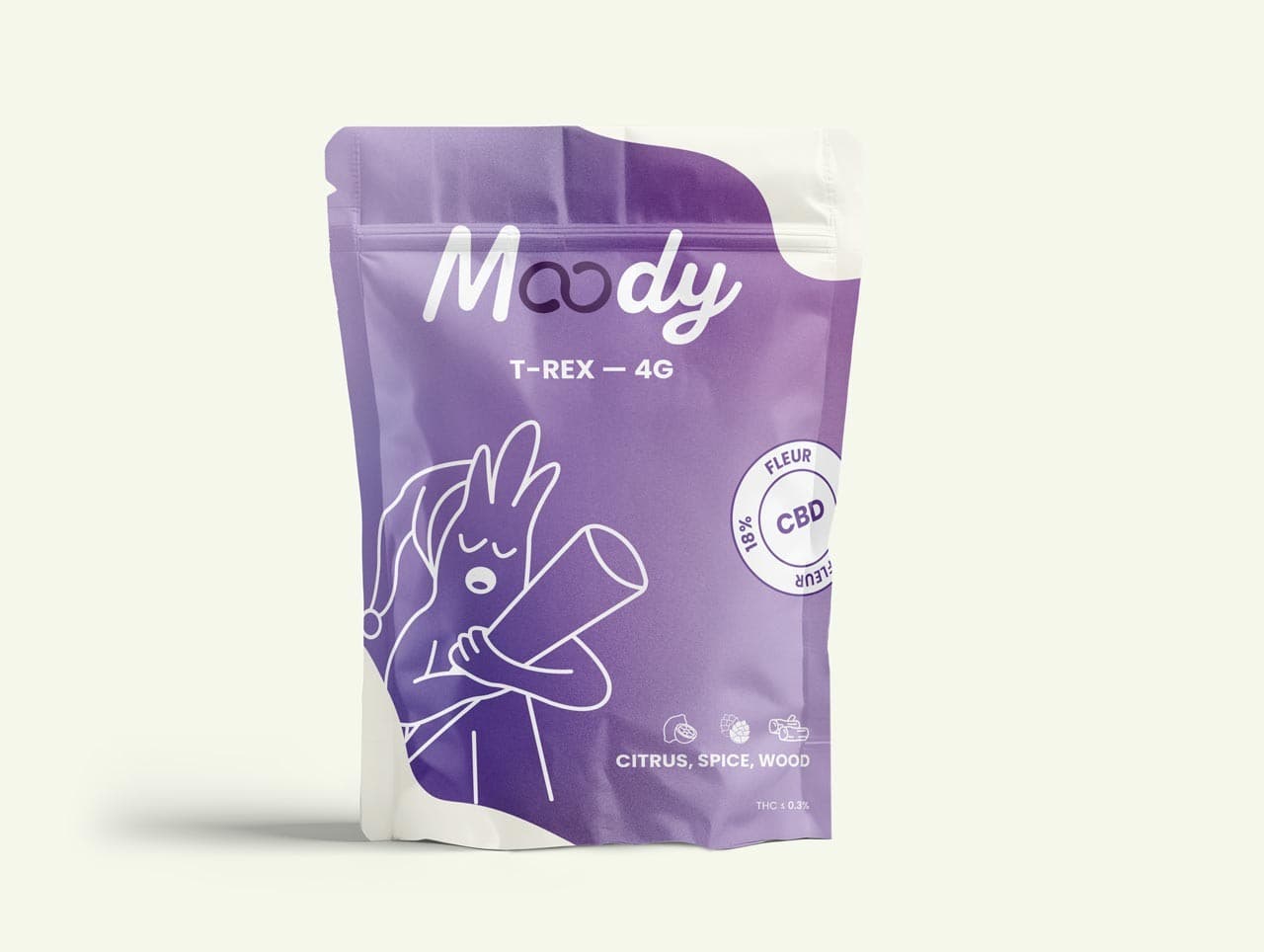 Packaging Fleur CBD T-Rex — 4g Moody Shop — fleur CBD indica pour rituel du soir avant de dormir