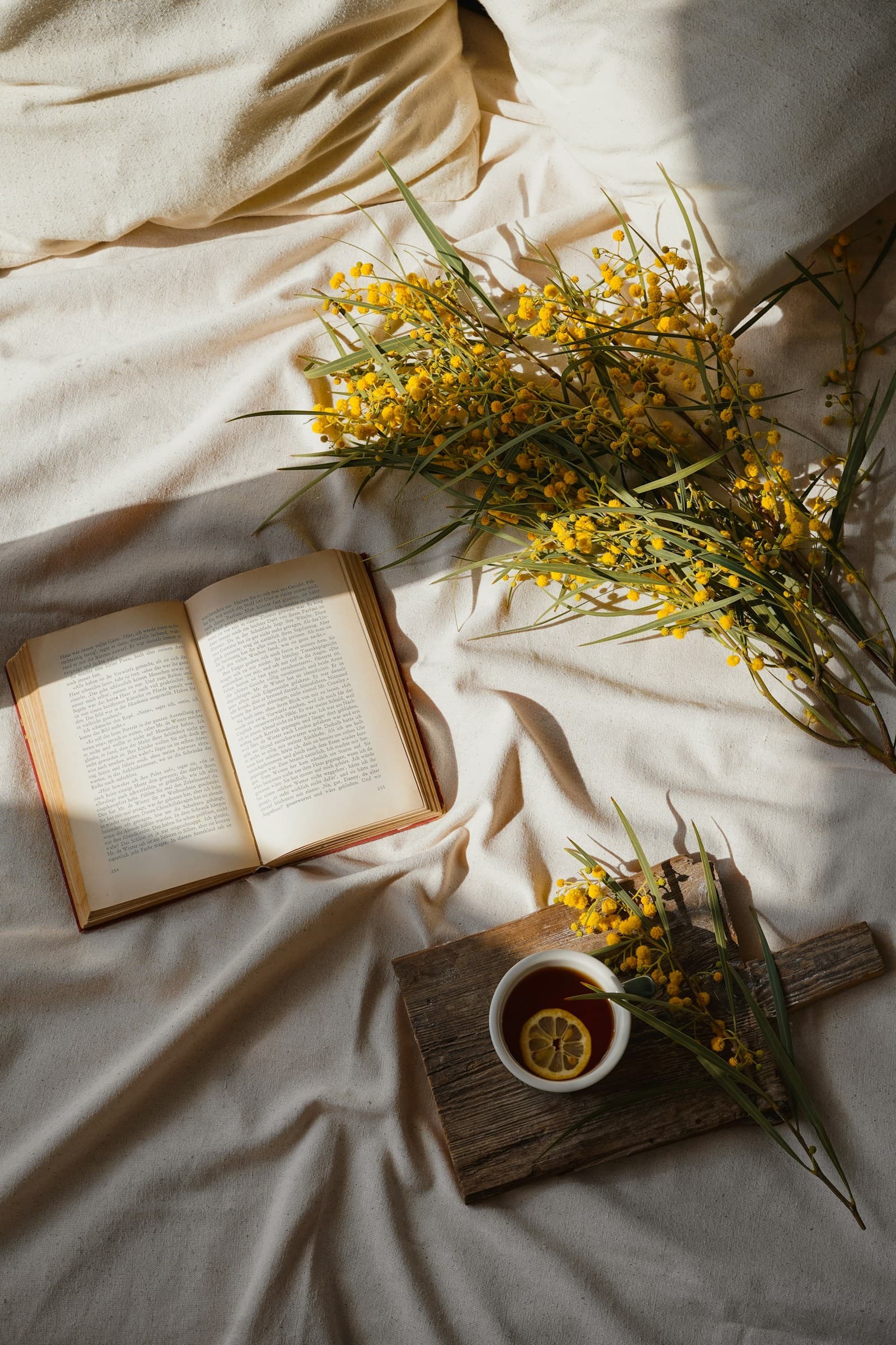 Livre, fleurs et tasse de tisane posés sur un lit cosy — rituel du soir Sleep
